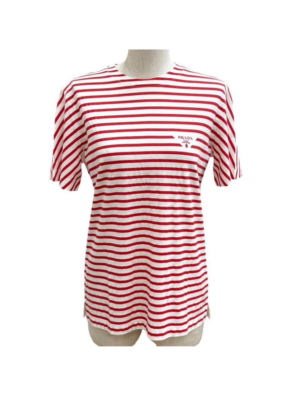 Prada Cotton 100% Triangle Logo Border Crew Neck Short Sleeve T-Shirt Red White